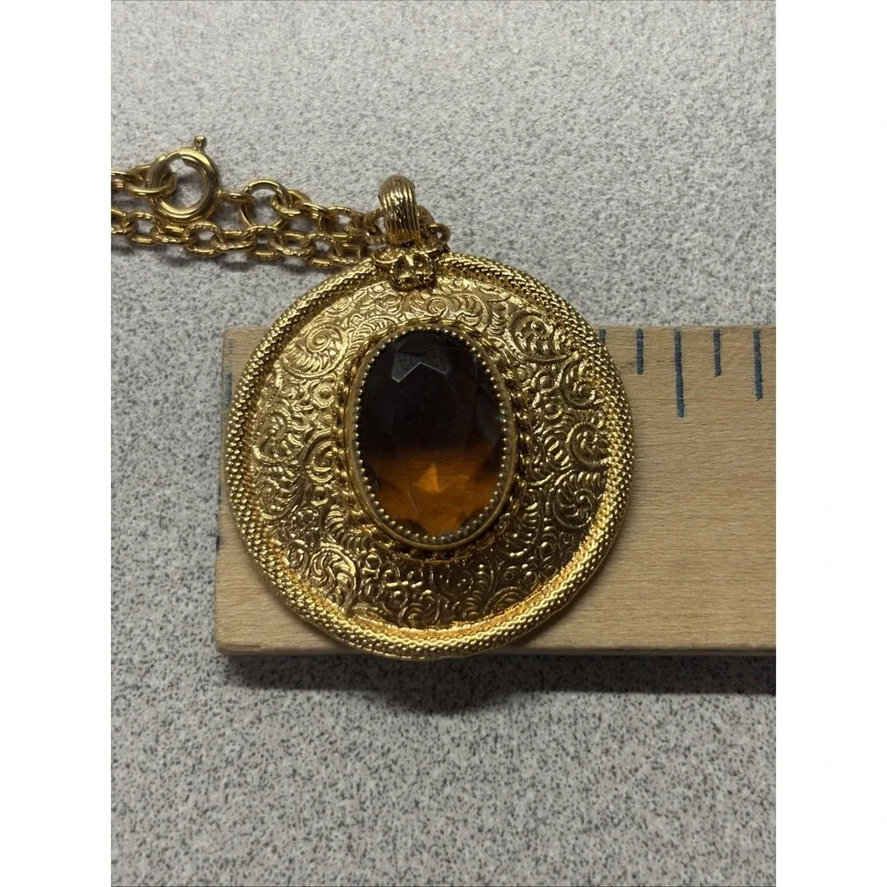Vintage EMMONS Pendant Chain Necklace Faceted Amber Topaz Glass Gold Tone Signed